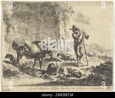 Herder riposa sul suo staff in una rovina, Jan de Visscher, dopo Nicolaes Pietersz Berchem, 1650 - 1701 stampa in un paesaggio vicino a una rovina si trova un pastore tra il suo bestiame, appoggiato al suo bastone. Stampa del titolo per una serie di sei paesaggi con pastori e bestiame. Tipografia: Olanda settentrionale spublisher: Amsterdam cartaceo incisione mandria, mandria, mandria, pastore, pastore, pastorella, cowhere, ecc... paesaggio con rovine. mucca. capra Foto Stock