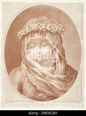 Priesteese, Louis Marin Bonnet, dopo Carle van Loo, 1771 - 1772 stampa Busto di una giovane donna con un velo e una corona di fiori sulla testa. Tipografia: FrancePublisher: Paris paper etching prete  religioni non cristiane Foto Stock