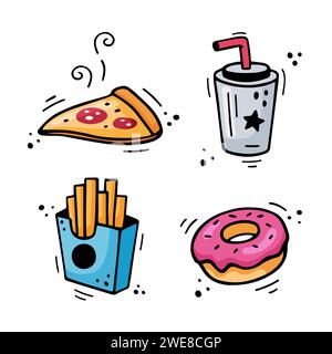 Set di icone fast food: Pizza, patatine fritte, tazza di carta con bevanda, ciambella. Combinazione di fast food disegnati a mano. Stile fumetto di schizzo. Spuntini colorati disegnati con pennarello. Illustrazione vettoriale Illustrazione Vettoriale