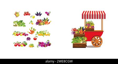 Vassoio rosso su ruote con verdure. Scatole con frutta ed erbe. Tettuccio a righe. Stile cartone animato, illustrazione vettoriale. Illustrazione Vettoriale