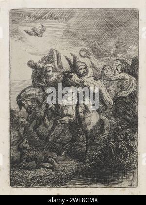 Macbeth e Banquo incontrano le tre streghe, Theodoor Schaepkens, carta stampata 1825 - 1883. Acquaforte/punto a secco Macbeth Foto Stock