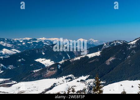 Ammira le montagne di Krivanska Mala Fatra dal punto di osservazione di Skalkou in inverno, le montagne Nizke Tatry in Slovacchia Foto Stock