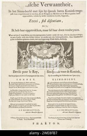 Allegoria francese in cui Luigi XIV si confronta con The Sun, 1672, Anonymous, dopo Sébastien Leclerc (i), versione olandese stampata nel 1672 di una rivista francese originale in cui la guerra con i Paesi Bassi è giustificata. Con una dichiarazione dell'emblema del re francese, in cui paragona il sole e in cui viene superato il Leone dei Paesi Bassi (FMH n. 2331a). Sotto lo spettacolo il francese Vers, e la traduzione olandese, sui preparativi che i francesi preparano per la campagna nel 1672. La rivista è stata firmata con il nome "Phaëton". L'emblema francese originale è stato realizzato da Sebastien le Clerc. Nord Foto Stock