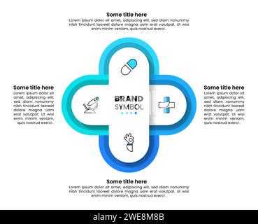 Modello infografico con icone e 4 opzioni o passaggi. Croce medica. Può essere utilizzato per layout del flusso di lavoro, diagrammi, banner, webdesign. Illustrazione vettoriale Illustrazione Vettoriale