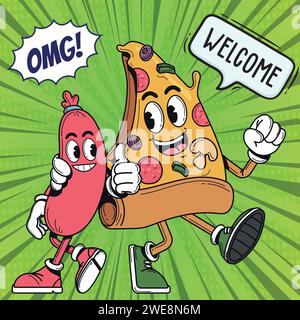 cartoni animati per pizza pop art, hot dog e fast food Illustrazione Vettoriale