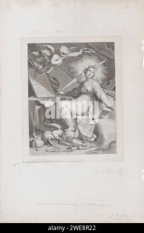 Trionfo della fede, Leo Paulus Johannes Stracké, dopo Willem Isaacsz. Van Swanenburg, dopo Abraham Bloemaert, stampa del 1869 Una donna è come personificazione della fede e della pietà in due cene in pietra con i dieci comandamenti su di essa. Una corona di raggi può essere vista intorno alla sua testa e nella sua mano destra ha un ramo di palma. Ci sono dei libri dietro di lei. Un putto la incorona con una corona di alloro e con il piede viaggia un altro putto che giace con un sacco di soldi. Olandese paper Engraving Faith, 'Faith'; 'Fed',' fede Catholic ',' Feddre Christian',' Fedde Christian Catholic Church '(Ripa)  One of Foto Stock