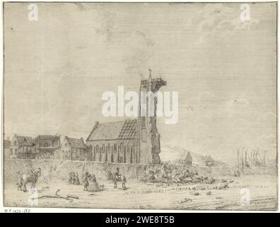 Collected Tower in Egmond aan Zee, 1741, Anonymous, After Adriaan Spinder, 1741 - 1791 stampa Vista della torre crollata in Egmond aan Zee, il 27 novembre 1741. Sulla spiaggia pezzi e spettatori. Macchie di carta in rovina di un edificio  architettura Egmond aan Zee Foto Stock