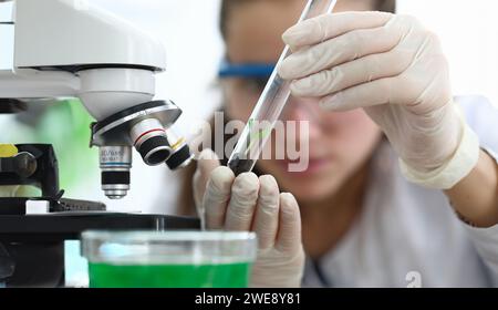 Donna in laboratorio guarda il terreno con germogli Foto Stock