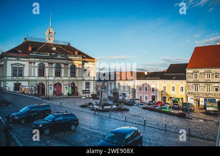 Municipio e fila di case, Weitra, Waldviertel, Austria Foto Stock