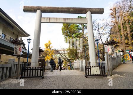 Tokyo, Giappone. Gennaio 2024. Vista esterna delle porte Torii presso il tempio shintoista del santuario Gojoten a Ueno Park nel centro della città Foto Stock