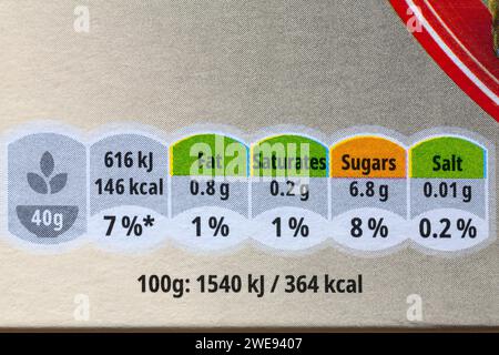 Informazioni nutrizionali etichettatura del sistema dei semafori etichetta con codice colore sulla scatola di ruote smerigliate Kelloggs Foto Stock