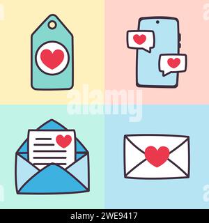 Set vettoriale elementi San Valentino. Regali, cuori, buste, dessert, lucchetti e altre decorazioni tradizionali. Illustrazioni in stile cartoni animati Illustrazione Vettoriale