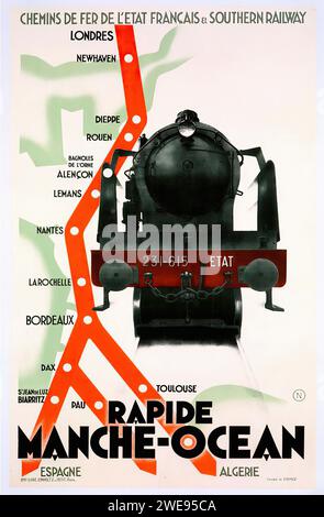 "CHEMINS DE FER DE l'ETAT FRENCH et SOUTHERN RAILWAY" "FERROVIE STATALI FRANCESI e FERROVIE MERIDIONALI" Un poster di viaggio d'epoca con una locomotiva a vapore nera su una mappa dei percorsi ferroviari raffigurati in rosso e verde. Foto Stock