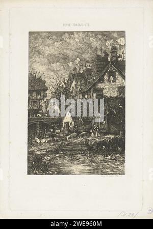 Vista sul villaggio con un fiume, Rodolphe Bresdin, stampa del 1861 facciata del villaggio con un fiume. A destra sulla riva le case sono in fila lungo il fiume che scorre verso il villaggio con una curva a sinistra. In primo piano ci sono pescatori con canne in acque poco profonde. Sopra la stampa c'è il titolo della rivista letteraria Revue Fantaisistist. Parigi. villaggio di incisioni Foto Stock