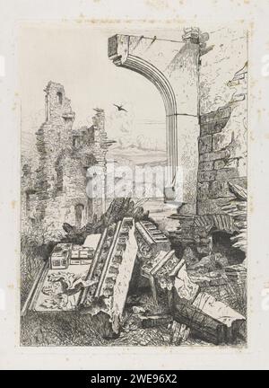 RUIFI CASTY BUCHTER, Martinus Antonius Chery Thuivery Jr., 1853 stampa in un paesaggio collinare, una rondine vola sopra le rovine del castello di Bourscheid, situato sul fiume Sûre. Giornale di Bruxelles. paesaggio con macchie/punti a secco con rovine. song-birds: rondine. river Foto Stock