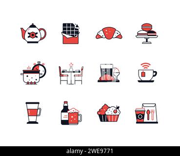 Cibo nei caffè e a casa - set di icone di stile design Illustrazione Vettoriale