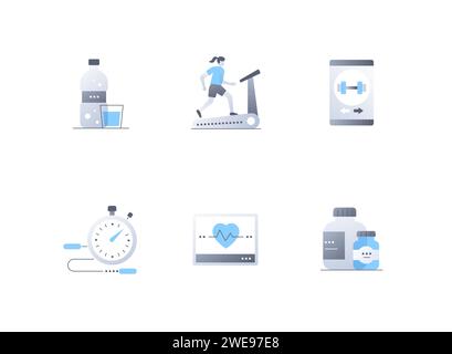 Stile di vita sano e sport: Set di icone di stile dal design piatto Illustrazione Vettoriale