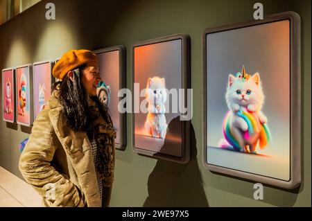 Londra, Regno Unito. 24 gennaio 2024. Playing Dress-Up with ai, 2023, di Graffic Thought Facility -CUTE at Somerset House esamina il potere della carezza, con opere di oltre 50 artisti e collaboratori. In coincidenza con il 50° anniversario di Hello Kitty, la mostra include nuove commissioni artistiche e fenomeni culturali, come musica, moda, giocattoli e videogiochi. Il programma va dal 25 gennaio al 14 aprile 2024. Crediti: Guy Bell/Alamy Live News Foto Stock