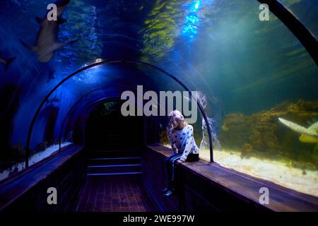 Una giovane ragazza deliziosa guarda con stupore mentre la tartaruga scivola sopra il tunnel trasparente dell'oceanarium. Foto Stock