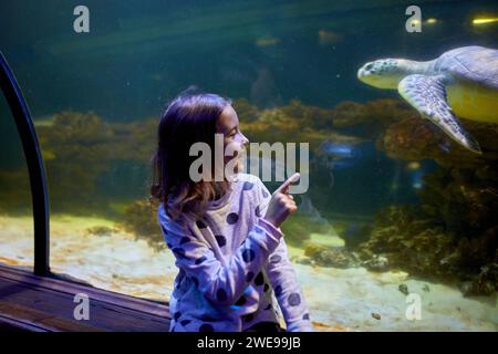 Una giovane ragazza deliziosa guarda con stupore mentre la tartaruga scivola sopra il tunnel trasparente dell'oceanarium. Foto Stock