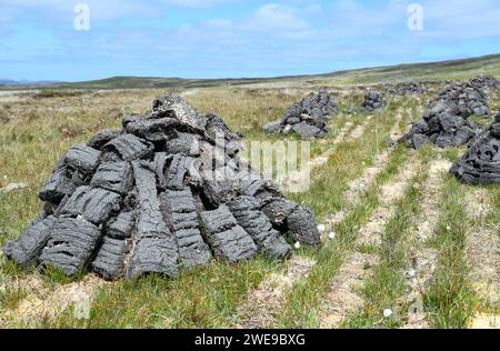 Pile di torba essiccate al sole su South Uist, Ebridi esterne, Scozia Foto Stock