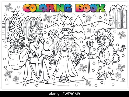 Libro da colorare invernale per bambini - Babbo Natale, diavolo e angelo Illustrazione Vettoriale