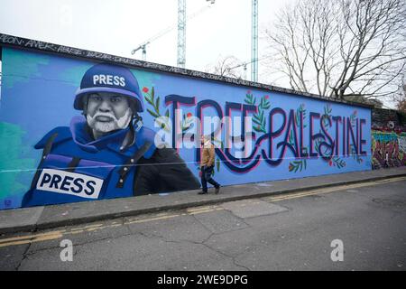 Un murale di Wael Dahdouh, principale corrispondente di al Jazeera a Gaza, dipinto dall'artista di strada Emmalene Blake, a Dublino, in Irlanda. Un attacco aereo nei pressi della città meridionale di Rafah ha ucciso due giornalisti domenica, tra cui Hamza Dahdouh, il figlio maggiore di Wael Dahdouh, secondo il canale in lingua araba di proprietà del Qatar e i funzionari medici locali. Al Jazeera trasmise delle riprese di Dahdouh che piangeva e teneva la mano di suo figlio prima di andarsene in un'alba. Data foto: Mercoledì 24 gennaio 2024. Foto Stock