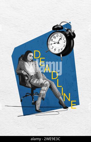 Illustrazione verticale di collage creativo effetto monocromatico grave tristezza infelice giovane donna scadenza orologio banner Foto Stock
