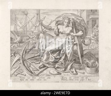 Shipping and Trade, Philips Galle, dopo Frans Floris (i), dopo Marten van Cleve (i), 1574 stampa la divinità romana Doris come personificazione della navigazione e del commercio marittimo. È seduta in primo piano in una grande ancora ed è circondata da tutti i tipi di strumenti, che si riferiscono alla navigazione marittima. Dietro di lei, a destra, due persone pagano le reti. Sulla parte posteriore sinistra è stata costruita una barca di legno e una nave a vela è dotata di un carico. La stampa ha una didascalia latina e fa parte di una serie di stampe sul business umano. Anversa incisione di carta Doris, moglie di Nereus. "Navigazione" (Ripa). Navi (in generale) (+ loa Foto Stock