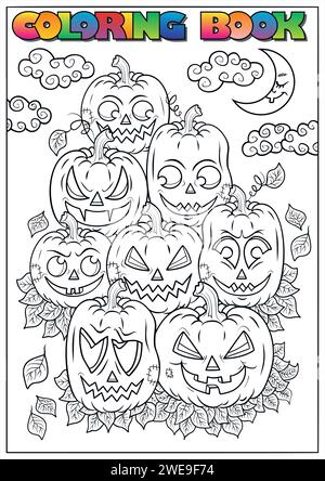 Libro da colorare per bambini per Halloween, mamma, teschio, tomba, zucca, pipistrello, luna, nuvola - tema Halloween Illustrazione Vettoriale