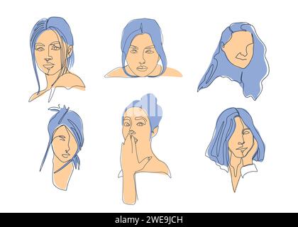 Donne astratte e bellissime con illustrazioni vettoriali continue. Vari gesti femminili per l'arredamento delle pareti. Illustrazione Vettoriale