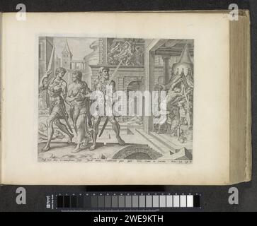 Simeon e Levi portano Dina a casa, stampa del 1643 Simeon e Levi portano a casa la loro sorella Dina dopo che si sono vendicati a Sichem, che aveva descritto la loro sorella. Sullo sfondo, i fratelli Sichem e i suoi uomini che erano febbrili dopo la loro circoncisione e non potevano combattere. In fondo al margine un riferimento in latino al testo della Bibbia nel Gen. 34:25. Questa stampa fa parte di un album. L'incisione di carta di Amsterdam Simeon e Levi uccidono tutti gli Shechemiti e riportano Dinah a casa, mentre gli altri fratelli saccheggiano la città Foto Stock