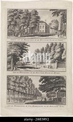 Tre facce intorno ad Haarlem B, Hendrik Spilman, 1763 stampano tre immagini su un piatto. Haarlem paper etching Lane, vicolo. Trees Haarlem. Hofstede Bosch en Vaart. Hofstede Bosch e Hoven Foto Stock