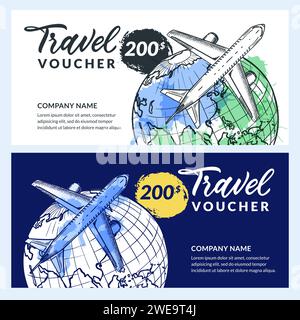 Voucher di viaggio, certificato, modello di carta regalo. Disegno vettoriale ad acquerello raffigurante il pianeta Terra e l'aereo volante. Vacanza Illustrazione Vettoriale