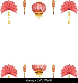 Cornice quadrata per il capodanno cinese. Le lanterne cinesi sono rosse, ventilatori di carta con impiccagioni dorate e frange. Tutti gli elementi sono dipinti a mano con acquerelli. Foto Stock