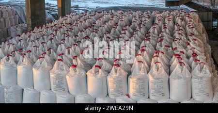 Pila di sacchetti fertilizzanti in magazzino Foto Stock