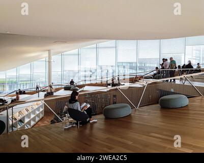 Helsinki, Finlandia - 8.10.2019: Biblioteca centrale di Helsinki Oodi interni. Scaffali, spazio di lavoro. Persone che leggono, lavorano, si rilassano, studiano Foto Stock