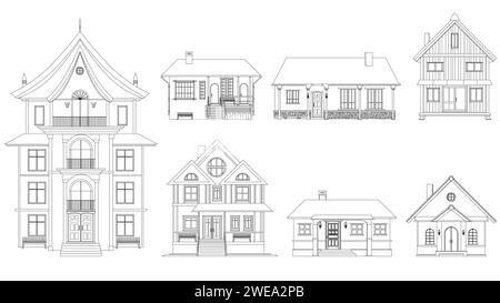 Serie di contorni neri di ville e case private isolate su sfondo bianco. Case a un piano e con diversi piani. Clipart vettoriale. Illustrazione Vettoriale
