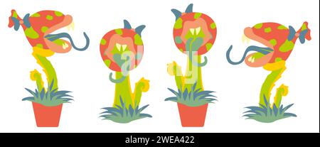 Carnivorous Plant Set, Monster Flora in Flower pot. Vector Fantasy Scary Flat Illustration isolato su bianco. Cartone animato fiori arrabbiati con denti e fan Illustrazione Vettoriale