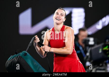 Melbourne, Australia. 23 gennaio 2024. Aryna Sabalenka durante il torneo di tennis del grande Slam agli Australian Open 2024 il 23 gennaio 2024 al Melbourne Park di Melbourne, Australia. Foto di Victor Joly/ABACAPRESS.COM Credit: Abaca Press/Alamy Live News Foto Stock