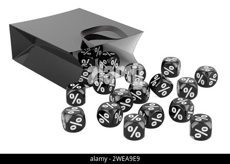 Shopping bag con cubetti sconto neri, Black Friday, concept. Rendering 3D isolato su sfondo bianco Foto Stock