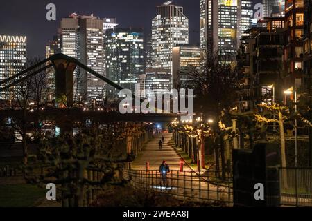 Skyline del centro città di Francoforte sul meno, ciclista con luce sulla pista ciclabile, marciapiede, passeggiata lungo il fiume meno, tramonto, Assia, Germania Foto Stock