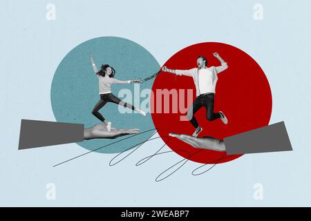 Foto collage immagine giovani due persone uomini donne attivisti di beneficenza volontari aiutano la consapevolezza del sostegno umanitario due braccia che disegnano sfondo Foto Stock