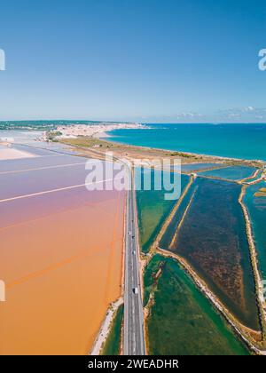 Tavolozza di Santa Pola: Un affascinante viaggio aereo attraverso i colori in continua evoluzione delle distese saline e dello splendore costiero Foto Stock