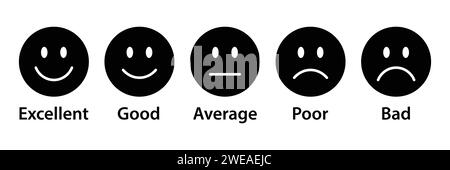 Emoji di valutazione impostate in nero. Raccolta emoticon feedback. Icone emoji eccellenti, buone, mediocri, cattive. set di icone emoji di feedback di valutazione. Illustrazione Vettoriale