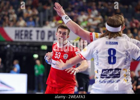 COLONIA, GERMANIA - 24 GENNAIO Lanxess Arena, Men's EHF Euro 2024 Main Round gruppo i Austria-Islanda contro l'Islanda, Mykola Bilyk (Austria) Foto Stock