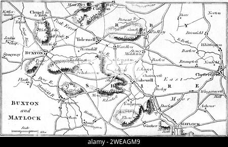 Una mappa di Buxton e Matlock, Derbyshire UK, scansionata ad alta risoluzione da un libro stampato nel 1806. Si ritiene che questa immagine sia priva di copyright Foto Stock