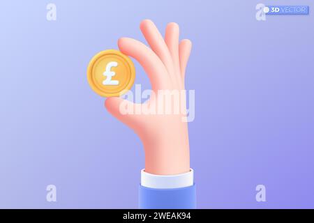 simbolo della moneta d'oro 3d realistico con mano e sterlina. Denaro contante, valuta, investimento, profitto o guadagno, finanza o concetto di casinò. iso vettoriale 3D. Illustrazione Vettoriale