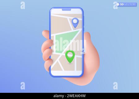 mano 3d che tiene il telefono cellulare con il simbolo dell'icona della mappa. informazioni sul monitoraggio della consegna, sulla posizione, sulla destinazione, sulla navigazione con mappa gps. iso vettoriale 3D. Illustrazione Vettoriale