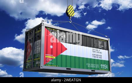 Container da trasporto con bandiera nazionale della Giordania appeso al gancio della gru - illustrazione 3D. Foto Stock